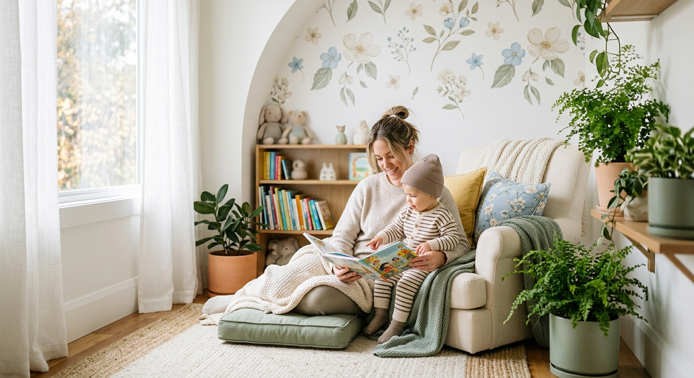 A parent and toddler playing together at home to support speech and language development