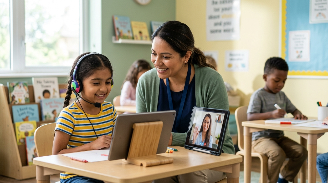 A child participating in an interactive online learning session