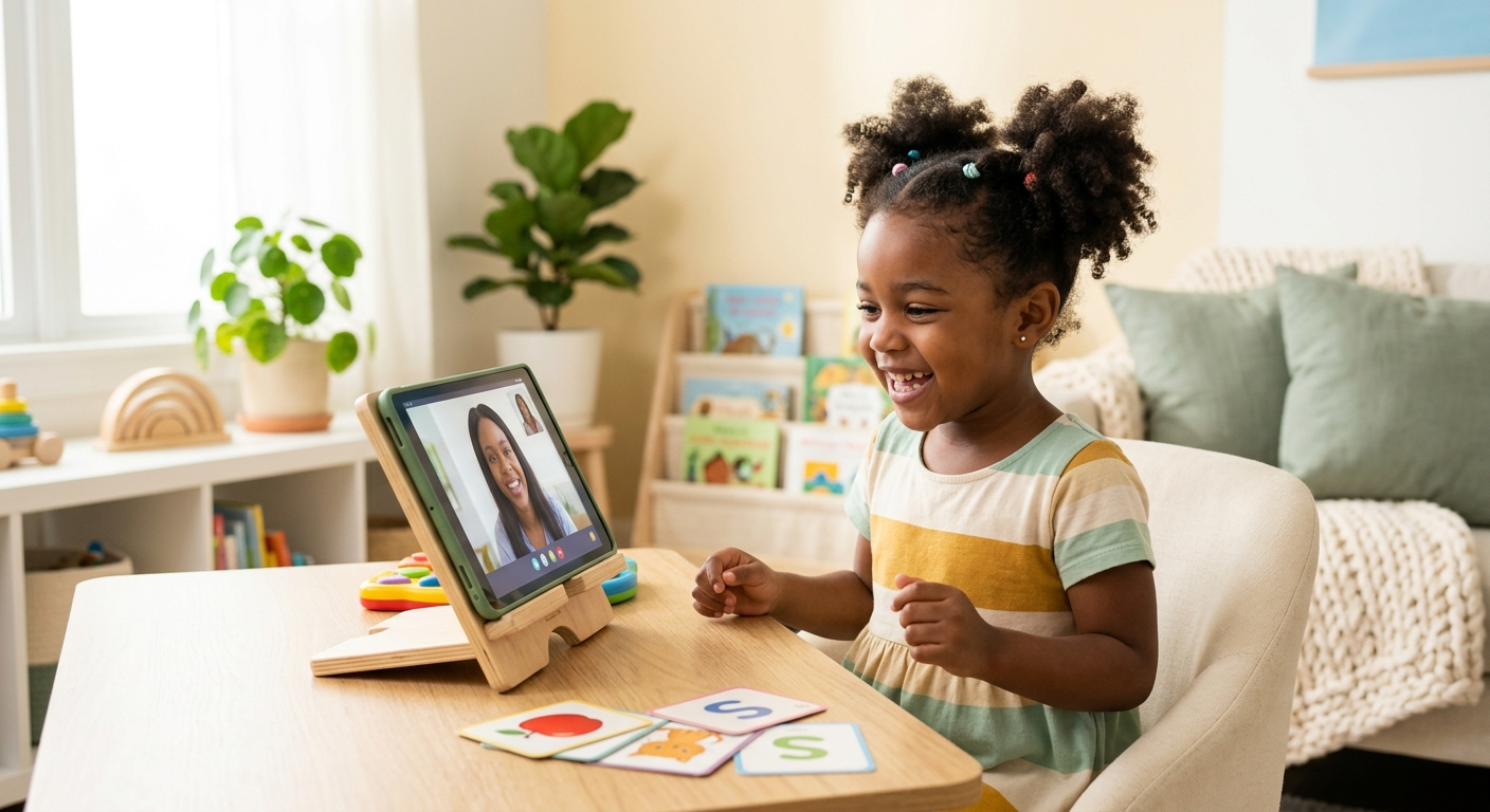 A smiling young child enjoying a playful online speech therapy session from home