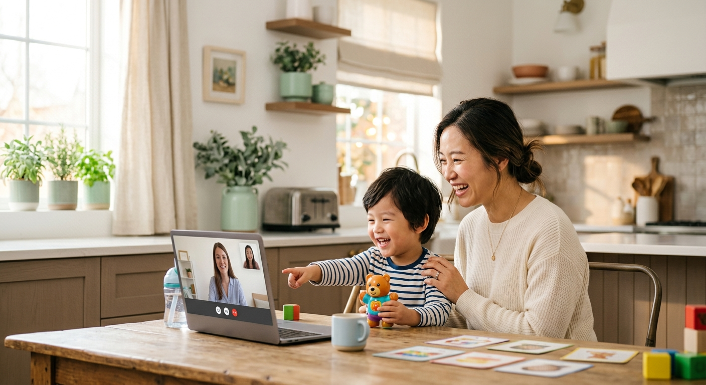 A speech-language pathologist smiling during a warm online pediatric therapy session