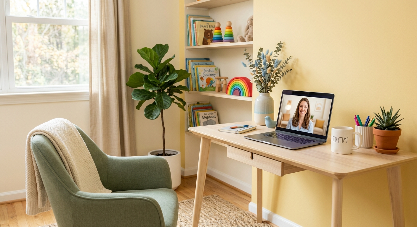 A speech-language pathologist conducting a virtual evaluation from a bright home office